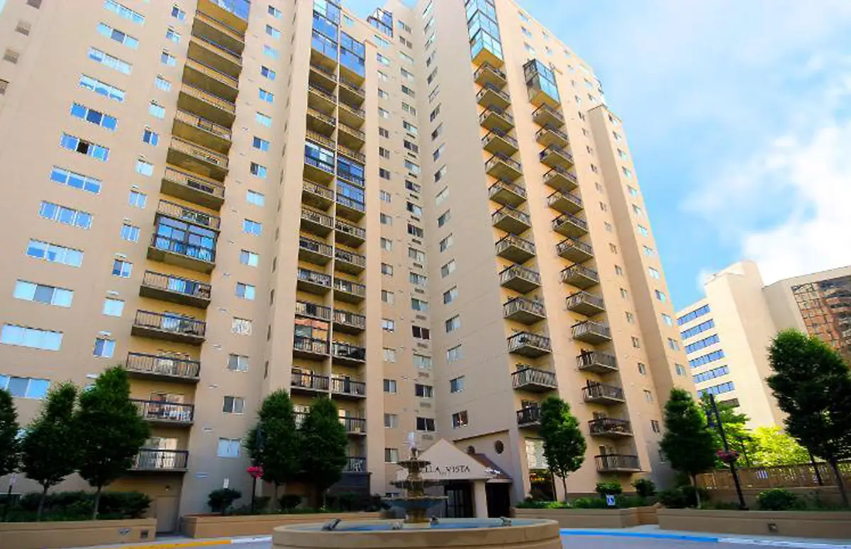 Exterior view of The Bella Vista condo building in Crystal City, Arlington, VA