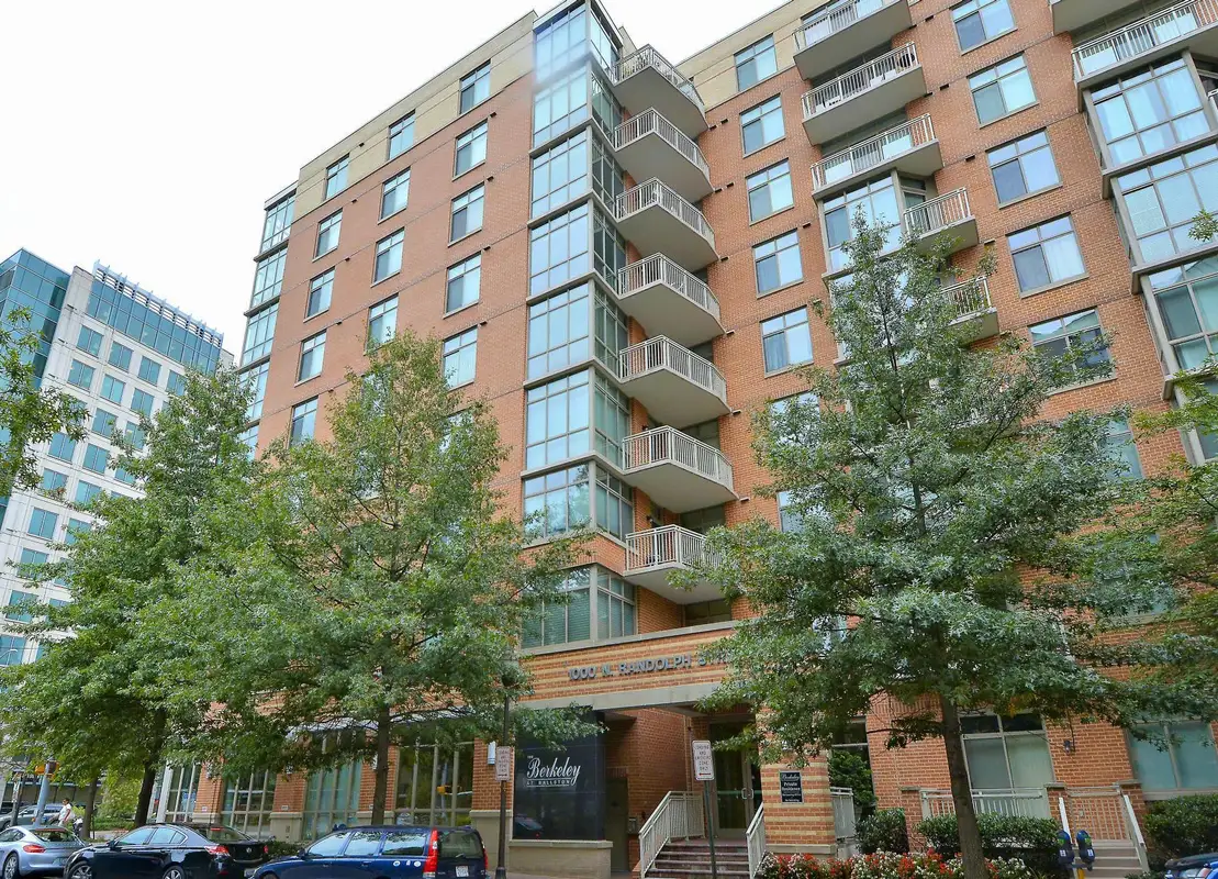 Exterior view of The Berkeley condo building in Ballston, Arlington, VA