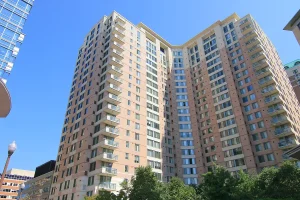 Building exterior photo of The Continental condo building in Ballston, Arlington, VA