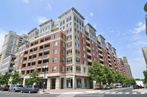 Exterior view of The Hawthorn condo building in Virginia Square, Arlington, VA
