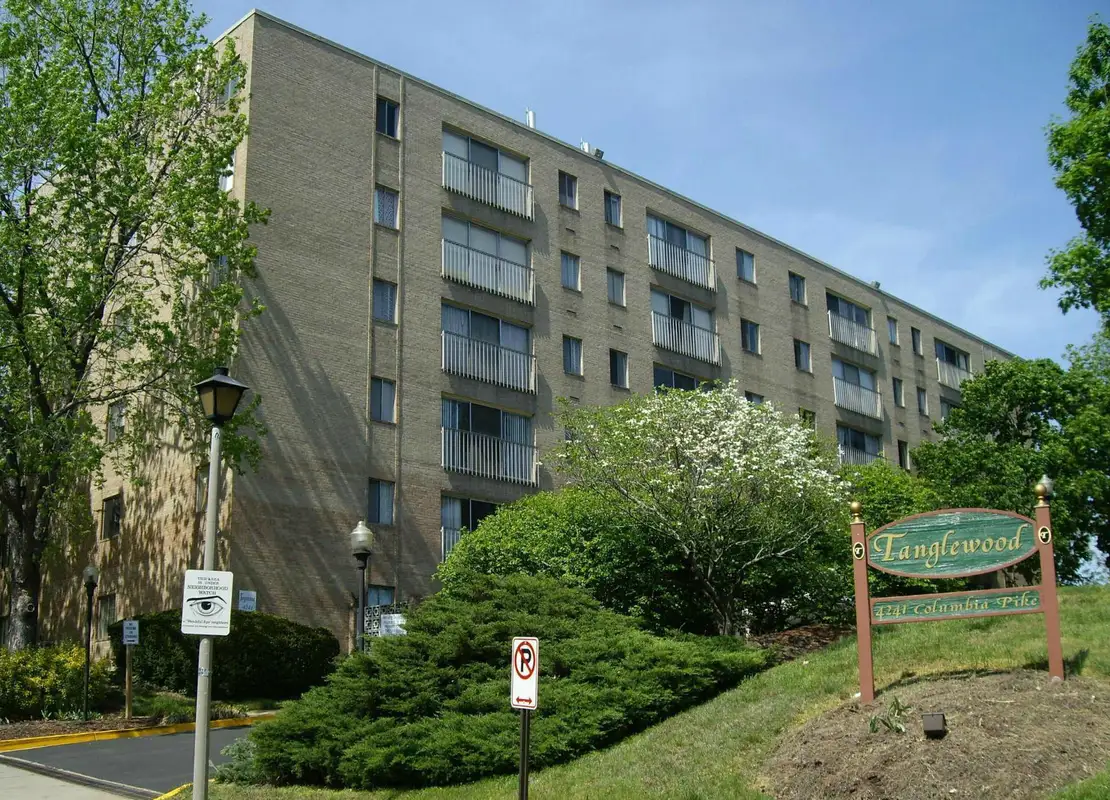Exterior view of Tanglewood condominium building on Columbia Pike in Arlington, VA