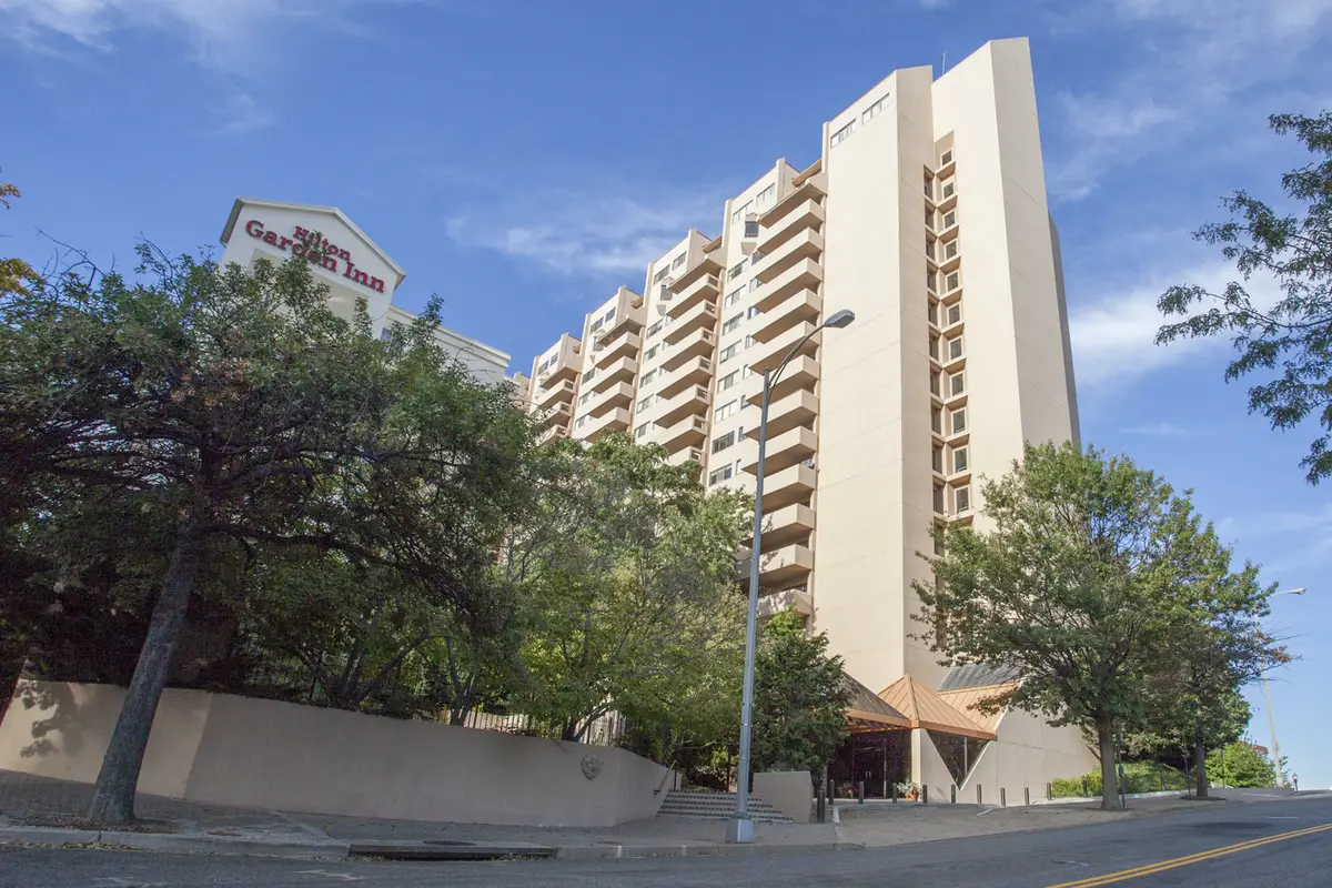 Exterior view of Woodbury Heights condominium building in Courthouse, Arlington, VA