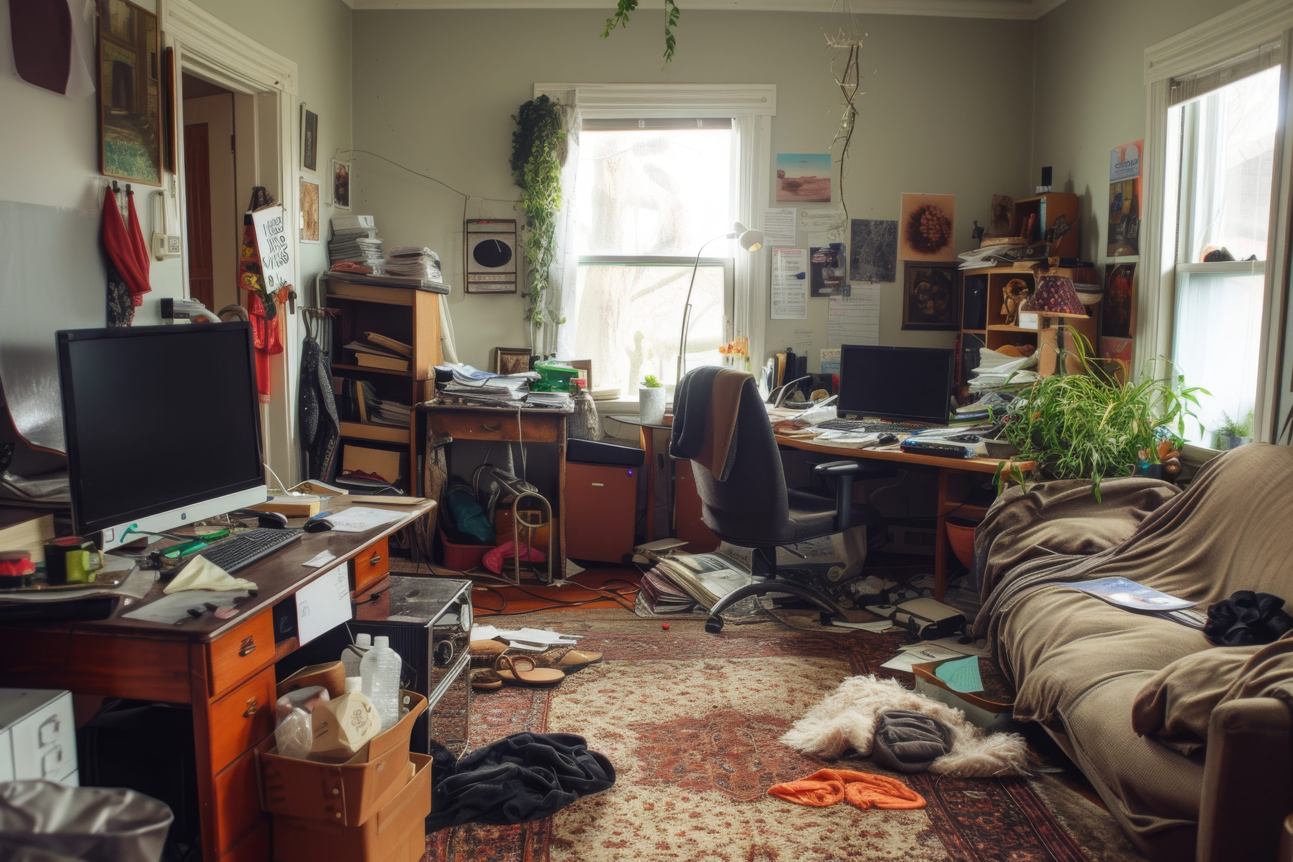 Messy living room in a tenant-occupied condo with clutter and everyday items visible.